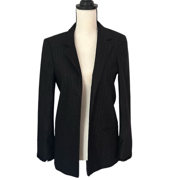 ZADIG & VOLTAIRE Sz S Volly Striped Wool Metallic Blazer Noir Open Fringe Cuffs - Picture 3 of 14